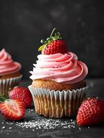 AI generated A gourmet cupcake topped with smooth strawberry frosting and a fresh berry, set against a dark, elegant backdrop. Generative AI. photo