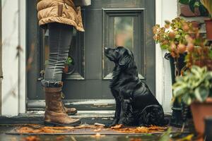 AI generated A loyal black dog sits by the doorstep, gazing up at its owner amidst fallen autumn leaves.A person being greeted by their dog at the door. Generative AI. photo