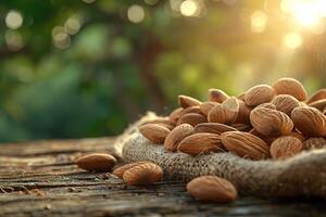 AI generated A rustic and inviting pile of almonds rests on a burlap cloth. Generative AI. photo