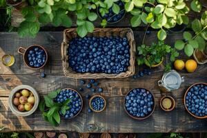 AI generated Top view of a diverse array of blueberries presented in rustic containers, nestled amidst vibrant garden greenery. Generative AI. photo