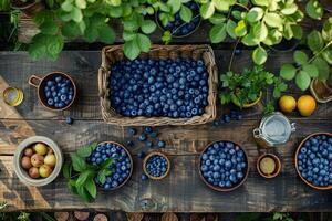 AI generated Top view of a diverse array of blueberries presented in rustic containers, nestled amidst vibrant garden greenery. Generative AI. photo