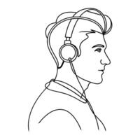 Man use headphone hand drawing line art vector illustration