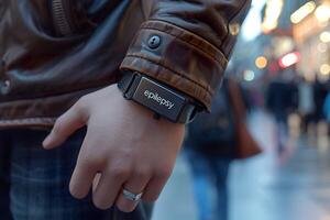AI generated Close-up of a leather-clad arm wearing a wristband labeled epilepsy. Generative AI. photo
