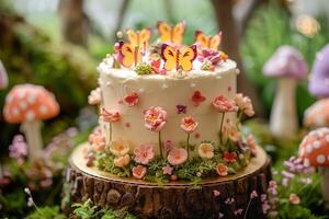 AI generated A whimsical cake adorned with intricate sugar flowers and vibrant butterflies. Generative AI. photo