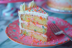 AI generated A close-up of a birthday cake slice with layers of colorful frosting and a fork on the side. Generative AI. photo