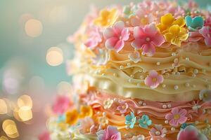 AI generated Pastel floral fantasy cake. Generative AI. photo