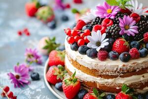 AI generated A stunning naked cake generously adorned with an array of fresh summer berries and vibrant edible flowers. Generative AI. photo