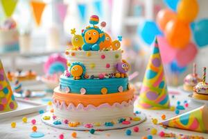 AI generated A playful, multi-tiered cake adorned with lively fondant creatures, candy embellishments, and a burst of colors. Generative AI. photo