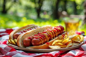 ai generado verano picnic banquete. caliente perros con salsa de tomate y mostaza en picnic frazada. generativo ai. foto