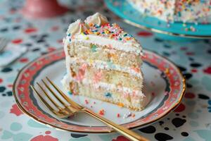 AI generated A close-up of a birthday cake slice with layers of colorful frosting and a fork on the side. Generative AI. photo