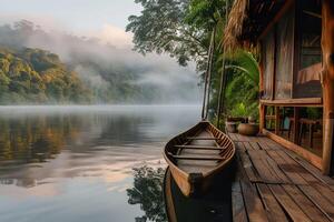 ai generado un canoa en el brumoso lago. generativo ai. foto