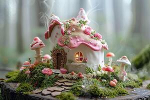 AI generated An enchanting cake sculpted into a fairy tale cottage, complete with a glowing window and surrounded by a mystical forest of sugary mushrooms and foliage. Generative AI. photo