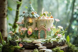 AI generated An enchanting woodland cottage cake, complete with glowing windows, delicate sugar foliage, and whimsical toadstools, nestled in a serene forest glade. Generative AI. photo