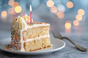 AI generated A slice of a classic birthday cake topped with creamy frosting and colorful sprinkles. Generative AI. photo