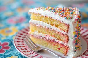 ai generado un de cerca de un cumpleaños pastel rebanada con capas de vistoso Crema y un tenedor en el lado. generativo ai. foto