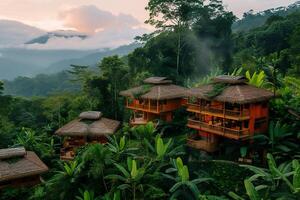 AI generated Eco-friendly cabins amidst the vibrant greenery of the tropical jungle. Generative AI. photo