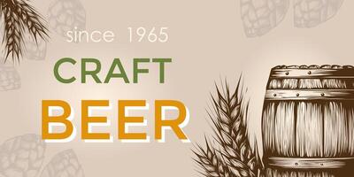 Wheat beer ads on blackboard background with engraved hops, wheat spikelets and wooden barrel. Vintage vector engraving illustration for web, banner, poster, invitation to party oktoberfest festival.