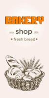 Bakery and pastry shop banner with bread and rustic basket sketch. Rye bread, wheat baguette and buns in ink engraving style. Vector illustration for poster or flyer.