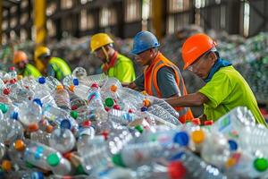 AI generated Workers at a recycling facility sorting and processing plastic bottles for recycling. Generative AI. photo