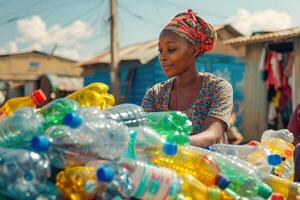 AI generated A young woman in a colorful traditional dress and headwrap sorting a pile of plastic bottles. Generative AI. photo