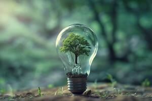 ai generado un innovador ligero bulbo con un pequeño árbol creciente adentro, Respetuoso del medio ambiente energía concepto. generativo ai. foto