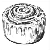 Hand drawn vintage vector illustration of cinnamon roll isolated on white background. Bun with glaze engraving sketch. Pastry for bakery menu, sweet shop, pastry, cafe decor.