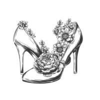 Shoes on a high heel decorated with blooming peony and wildflowers in bloom. Vector illustration isolated on white background. Vintage Engraving sketch heels and flowers.