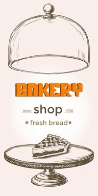 pie slice under glass dome lid. Cover lid for store sweet cake pastry, serving tray, storage container. Bakery shop social media templates for stories, ads banner, menu. Vector engraving sketch