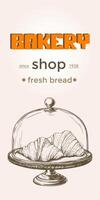 Bakery background. Linear graphic. French croissant under glass lid. Bread and pastry collection. design layout template for breakfast menu Bread house. Vector illustration in engraving sketch style