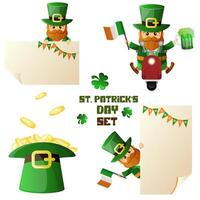 Leprechaun set for St. Patrick's Day. vector illustration Isolated on white background. Set of Irish hero Characters. Gentlemen in cylinder hat. placard copy space.