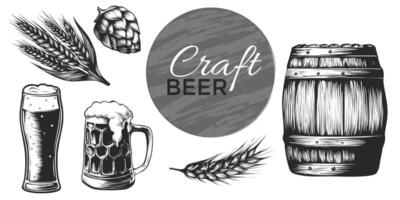 Beer set of glasses and mug, hops, malt, wooden barrel. Vector illustration Isolated on white background. Engraved woodcut sketch style. Beer elements for menu, pub, windows design, flyer, poster.