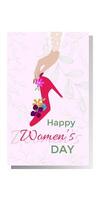 International Women's Day Card, poster. Female hand holding heeled shoe with flowers inside. Heels with blooming flowers. 2024 vector