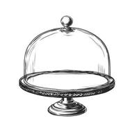 glass stand cake dome in ink sketch. restaurant cloche plate, decoration dish stand cake dome sign. vector engraving illustration isolated on white background.