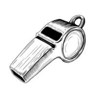 Vintage Sport whistle sketch isolated on white. Vector illustration of whistle for soccer or football referee in hand drawn style. Engraved icon for poster, print, book illustration, logo, tattoo.