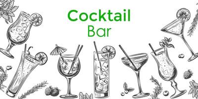 Vector design with hand drawn alcoholic drinks illustration. Vintage beverages sketch background in engraving style. Retro menu template for cafe or restaurant. Different cocktails in glasses