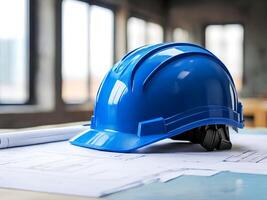 AI generated A blue construction helmet with a project or construction plan on the table. photo