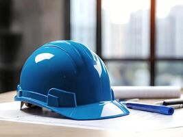 AI generated A blue construction helmet with a project or construction plan on the table. photo