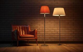 AI generated A lamp and a chair in a room with a lamp on the wall photo