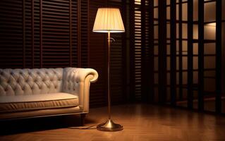 ai generado un lámpara y un silla en un habitación con un lámpara en el pared foto