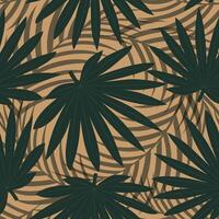 Seamless pattern with hand drawn tropical palm leaves on beige background. vector