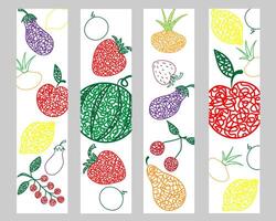 Set bookmarks with hand drawn watermelon, cherry, apple, pear, lemon, strawberry, eggplant, currant, onion on white background in childrens naive style. vector