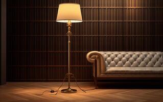 AI generated A lamp and a chair in a room with a lamp on the wall photo