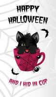 Happy Halloween sale banner, flyer on grey background with spiders, web, bats and black kitten, hiding in a cup. vector