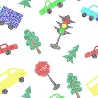 Seamless pattern with hand drawn cars on white background in childrens naive style. vector