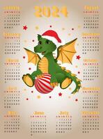 Calendar 2024 with symbol of the year dragon. Cute little dragon sitting with christmas ball. Week starts on sunday. vector