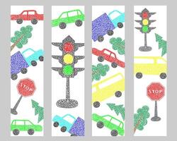 Set bookmarks with hand drawn cars on white background in childrens naive style. vector