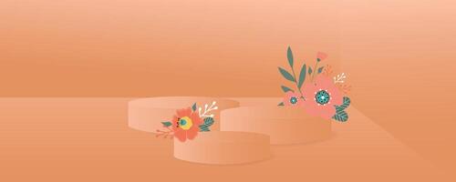 Abstract background in trendy color 2024 Apricot Crush with flowers and  three stands podium, pedestal. vector