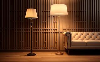 AI generated A lamp and a chair in a room with a lamp on the wall photo