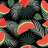 Seamless pattern with hand drawn tropical watermelon and palm leaves on black background. vector