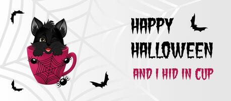 Happy Halloween sale banner, flyer on grey background with spiders, web, bats and black kitten, hiding in a cup. vector